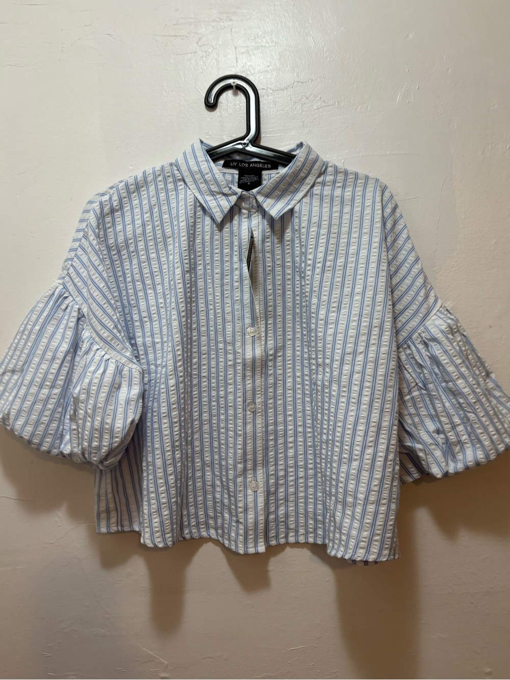 LIV Los Angeles Striped Button-Up Puff Sleeve Blouse